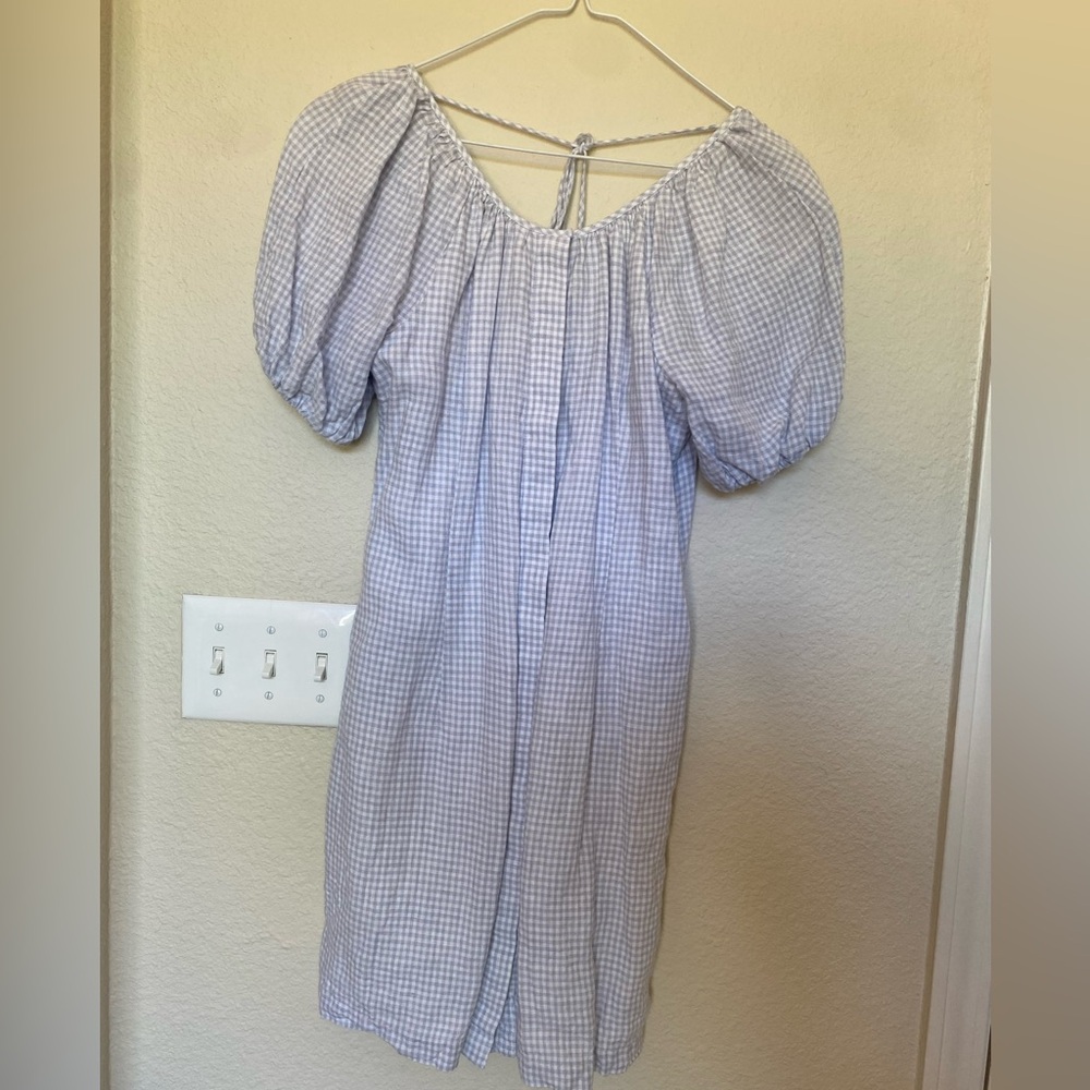 J Crew Lavender-gray Gingham Puff Sleeve Dress with tie back and buttons